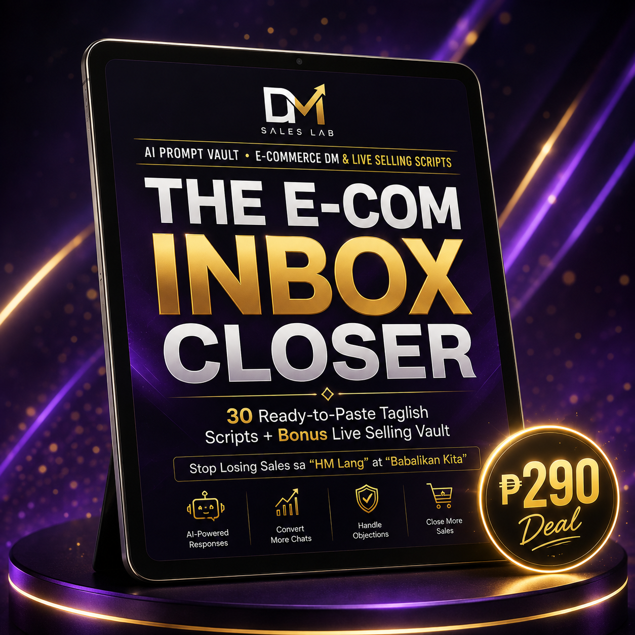 The E-Com Inbox Closer eBook cover on a standing tablet mockup